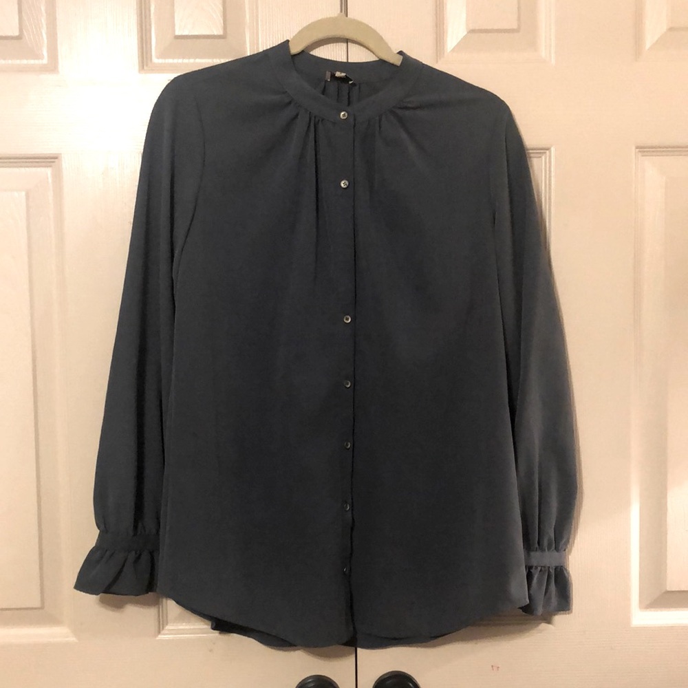 Mock Neck Ruffle Sleeve Button Down Top